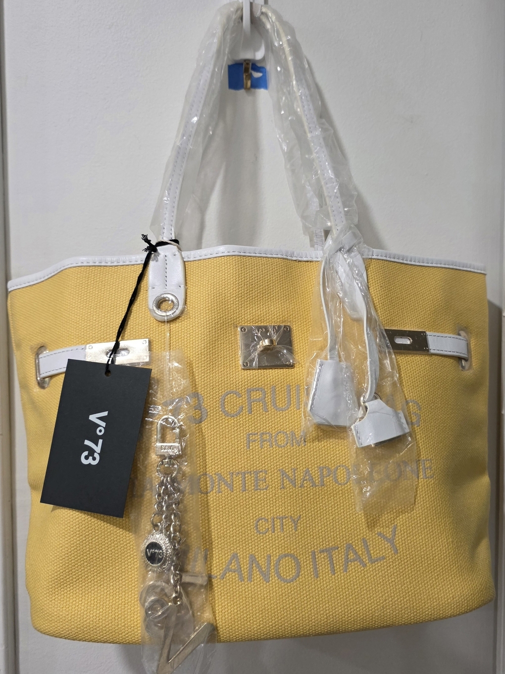 Yellow Canvas Tote with White Trim and Branded Charm